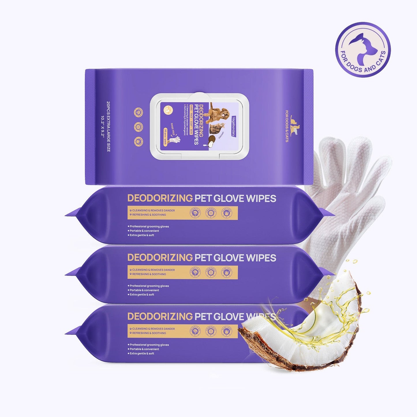 Deodorizing Glove Wipes for Dogs & Cats - Waterless Bath Alternative